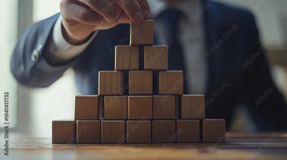 Wall mural businessman creating a pyramid structure using empty wooden cubes symbolizing business hierarchy and