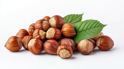 Obraz premium A simple pile of hazelnuts with green leaves, set against a clean white backdrop, creating a fresh and natural feel