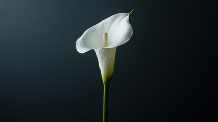 Obraz premium A single, graceful white calla lily in full bloom stands out against a black background, embodying serenity and elegance, perfect for a sympathy floral arrangement.