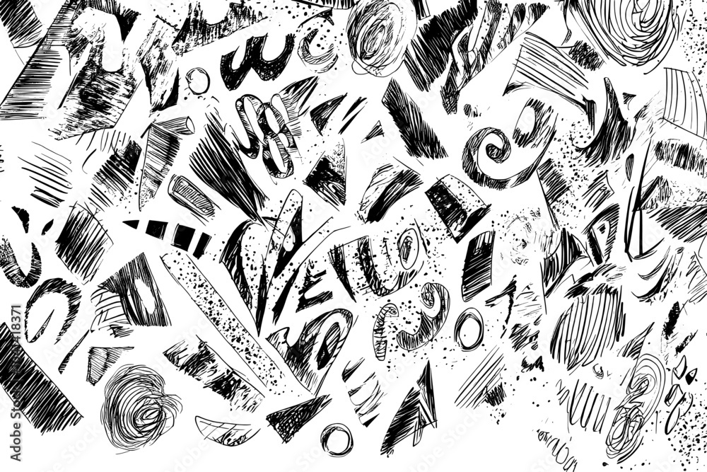 Aufkleber Hand drawn scribbles abstraction art on white background with ink lines stain hatching and hand drawn doodle scribble textures. Design for cards and postcards, posters and brochures.