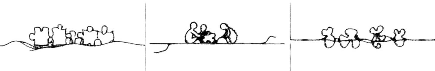 Naklejka premium Intense single line drawing of four puzzle pieces. Business metaphor for problem solving. One line drawing of a puzzle piece for idea, business, creative thinking process.