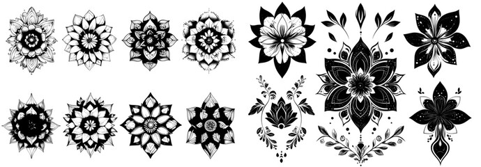 An isolated white background with hand-drawn flower tattoos, geometric flower art modern