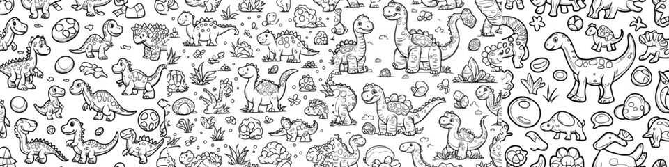 Obraz premium Cute dinosaur baby outline pattern. Monochrome outline illustration.