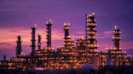 Obraz premium A sprawling refinery illuminated by golden lights at dusk, silhouetted against a deep purple sky, evoking the power of industry.
