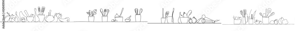 Poster Continuous line drawing on a vertical background with utensils and food. Preparing a salad. Cooking process. Healthy eating. Culinary illustration. Modern background.