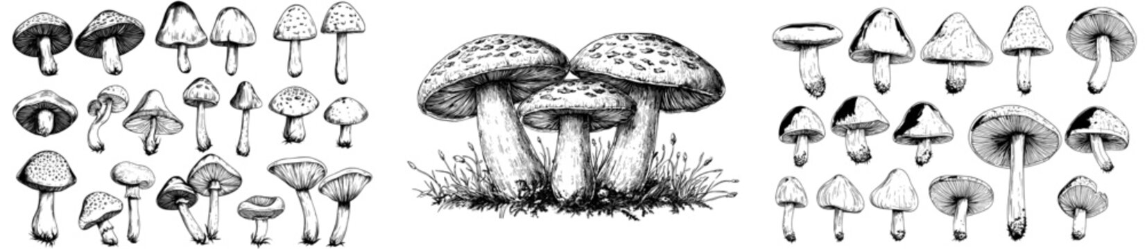 In this illustration, the champignons are painted in line art style and engraved in black and white colors, along with an etched sketch of an agaricus for the label.