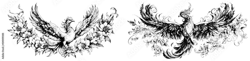 Poster Set of monochrome botanical sketches. Linear drawing for packaging or icons. Etching painted with black ink for logos.