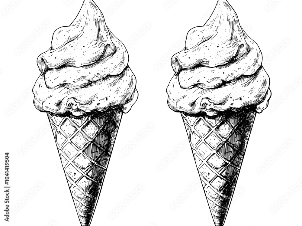 Poster sketch set of colored and monochrome waffle cones with frozen yogurt or ice cream and cookies. vinta