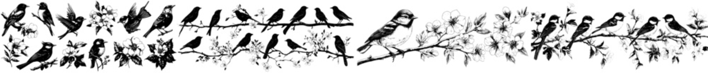 Fototapeta premium Vintage hand-drawn bird set with flowers. Spring birds on blossom branches. Linear engraving.