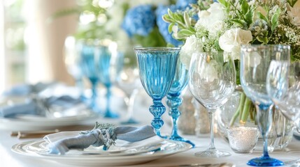 Fototapeta premium Elegant table setting featuring blue and clear glassware