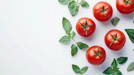 Fototapeta premium Fresh delicious tomatoes with leaves isolated on a clean background