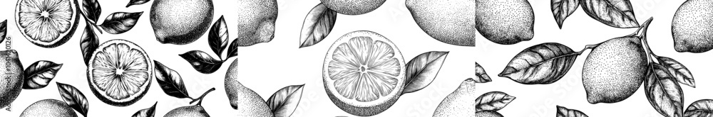 Poster The pattern is hand drawn with etching lemons or limes and leaves in engraved style, and it has a black and white repeat background.