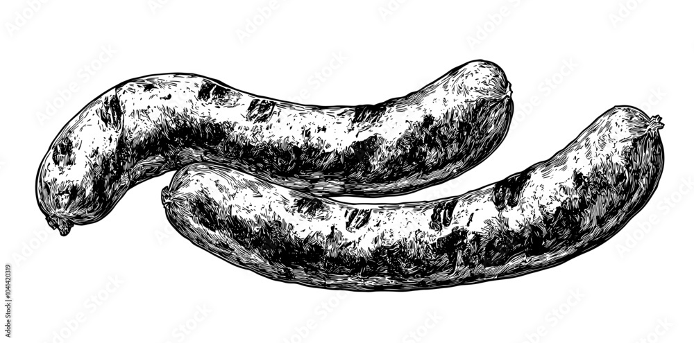 Poster colorful and monochrome modern sketch of barbecued sausage. ideal for menus of cafes and labels. eng