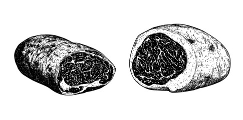 Hand-drawn colored and monochrome illustration of sliced ham. Vintage sketch of Italian prosciutto. Butcher shop. Great for labels, restaurant menus.