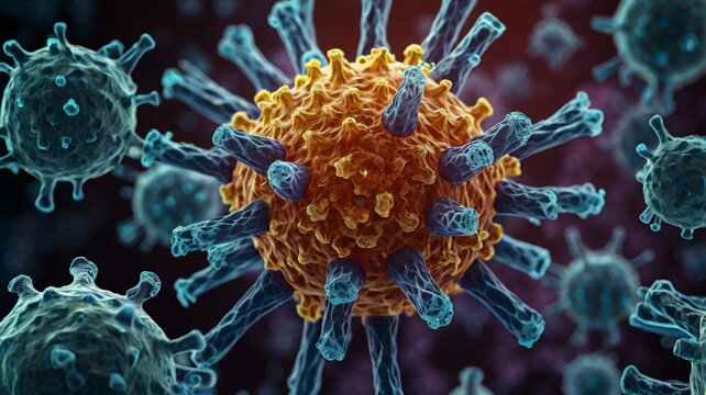 Human papillomavirus (HPV) particles under a microscope.