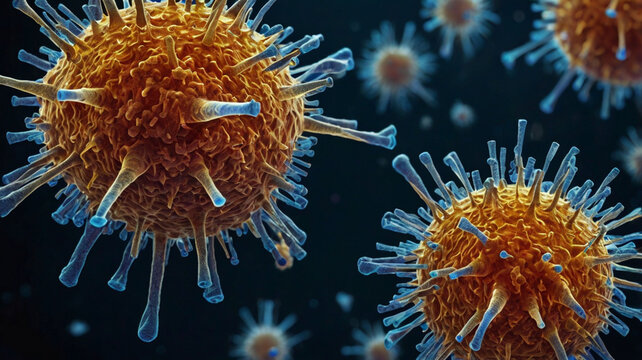 Human parainfluenza virus particles under a powerful microscope.
