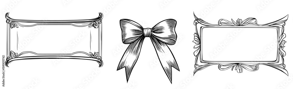 Aufkleber A set of black frames with a bow element. Black frames with space for text. Design featuring bow vertical border frames.