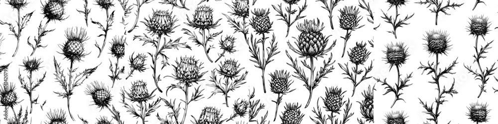 Poster an illustration of a thistle in seamless pattern that is realistically drawn by hand.