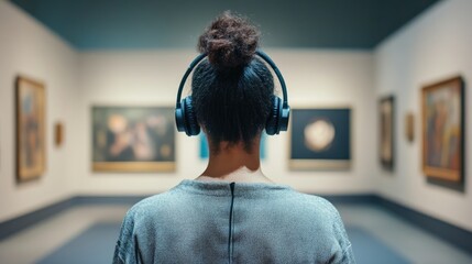 Woman exploring a museum exhibit while listening to an audio guide through headphones in a contemporary art gallery Concept of education and leisure