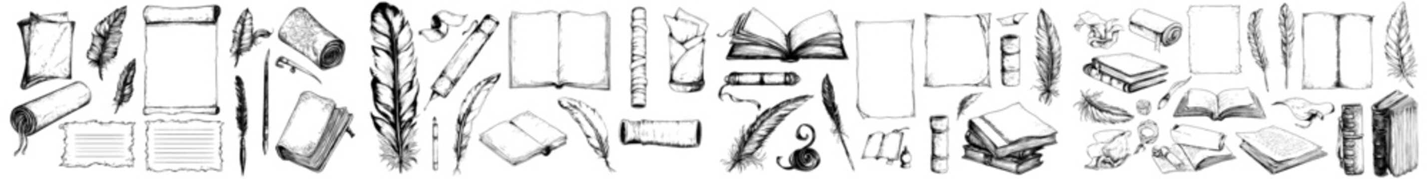 Hand drawn literature modern set with vintage writers' quill pen and poem book.