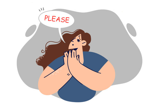Helpless woman says please and makes piteous expression on face, asking for help