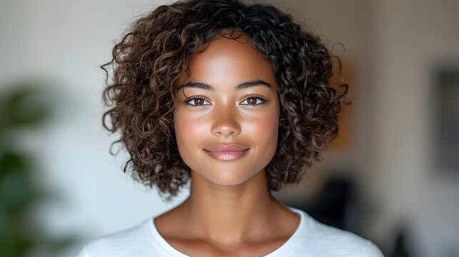 Confident and Stylish African American Woman in Casual Portrait   Young Smiling Model with Curly Hair Posing in T shirt on White Background