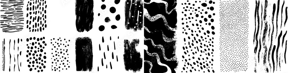 Poster an abstract black doodle texture. trendy monochrome simple patterns, repeated dots, dashes, spots. s