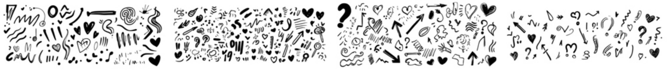 Collection of grunge hand drawn icons, strokes, underlines, and wave brush marks. Modern set isolated on white.