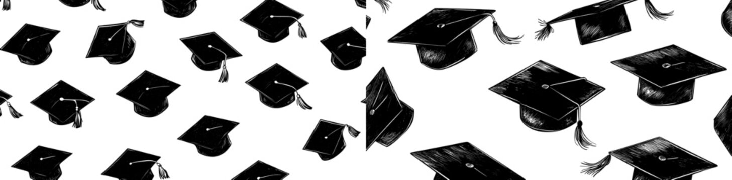 University caps repeat backdrop. Background with academic hats. A seamless pattern with a graduate hat.