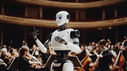 Obraz premium A robot conducting a symphony orchestra in a grand concert hall, elegant and classical setting with musicians and instruments, Music Robotics style