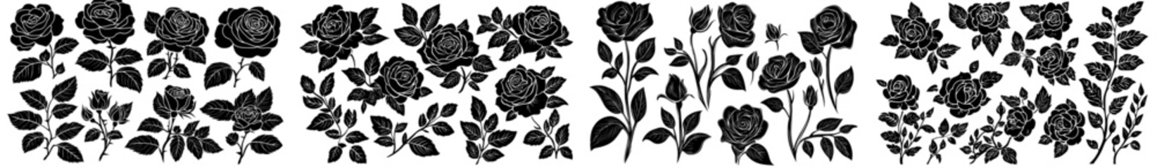 Engraving black sketches of flowers to create a beautiful rose tattoo set. Modern illustration, symbols.