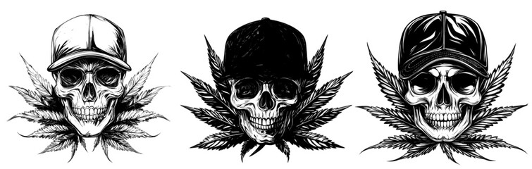 Fototapeta premium Illustration of a monochrome skull with a hat and a leaf of marijuana on it