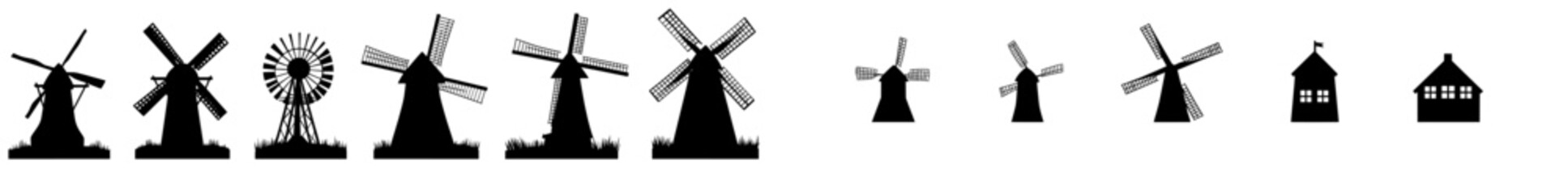 The mill icon modern set consists of windmill illustration signs. The farmhouse symbol. The grinder logo design.
