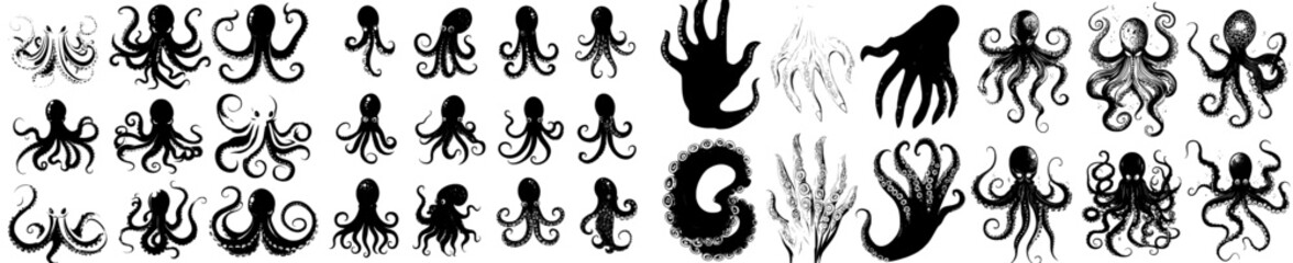 Fototapeta premium The tentacles of a Black Octopus. The tentacles of a Kraken Octopus. The body parts of a squid. Monochromatic ocean animal details. Cartoon icons, neoteric icons of the modern era.