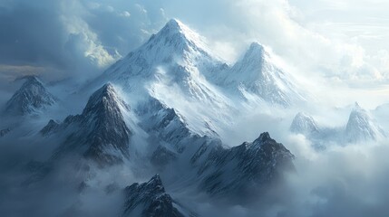 Dramatic landscape of snow capped mountains with clouds and fog enveloping rocky slopes