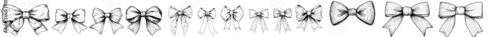 Poster isolated ribbon sketches on white background with linear bows. modern outline icons. linear bows on 