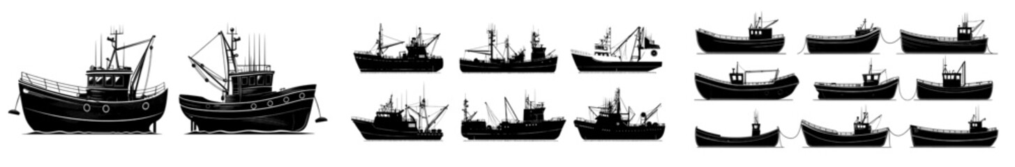 Obraz premium The silhouettes of vintage steamboats are isolated on white in a modern style..