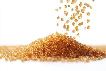 Golden sugar granules sprinkled on a white background for culinary delight