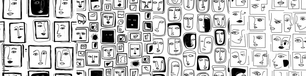 Aufkleber abstract faces in frames. ink painting style. contemporary illustrations. hand drawn with continuous