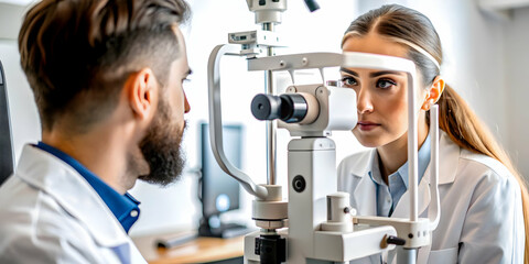 Optometrist Digital Eye Examination Equipment Advanced Technology Candid Photo of Eye Care Professional Conducting Eye Checkup with Innovative Digital Tools Ample Copy Space for Stock Photography Conc
