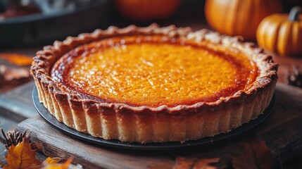 Whole homemade traditional American pumpkin pie on a wooden background