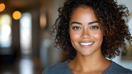 Cheerful and confident young African American woman standing in a casual t shirt smiling brightly and looking directly at the against a clean white background  This portrait captures a positive