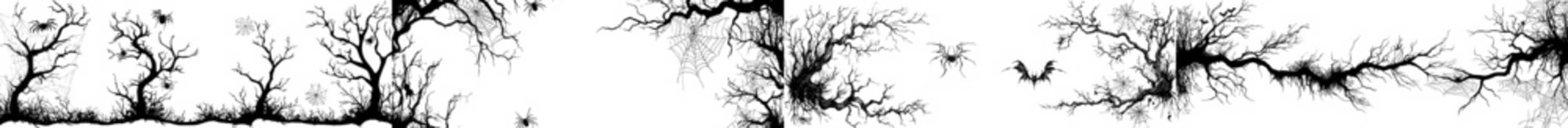 Halloween spiderweb border frame silhouettes poster set. Black threads entangle and encircle. Spooky and creepy aesthetic cards or invitations.