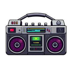 A vibrant 80s-inspired boombox, radiating nostalgia and retro charm. This colorful era's music player captures the essence of a bygone time, perfect for evoking memories of classic tunes.