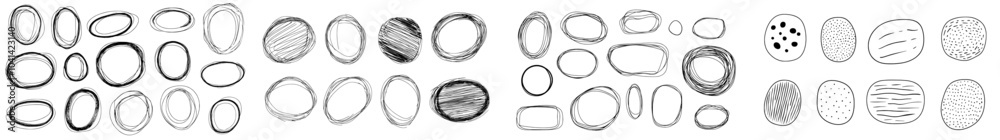 Aufkleber Set of hand drawn ellipse frames. Collection of oval borders in doodle style. Pencil drawing circle borders. Modern illustration. Black line art.