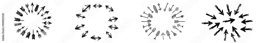 Poster symbols for circles. hand drawn arrows. recycled sketch signs. simple line symbols.