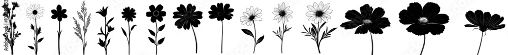 Poster Modern illustrations of black and white flowers in different styles.