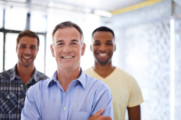 Obraz premium Portrait, business people and men in office, leader and cooperation for project, confidence and pride. Face, employees and coworkers with collaboration for proposal, happiness and startup development