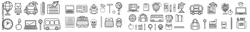 Aufkleber symbols and objects related to back to school education in modern line art illustrations