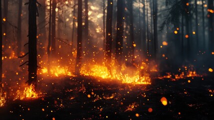 Fototapeta premium Dramatic Blurry Scene of a Forest Fire with Bright Illumination